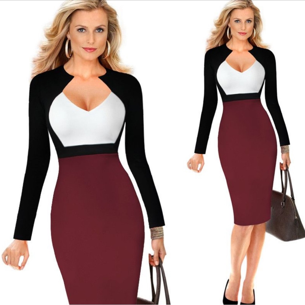 Elegant Black and Burgundy Bodycon Dress